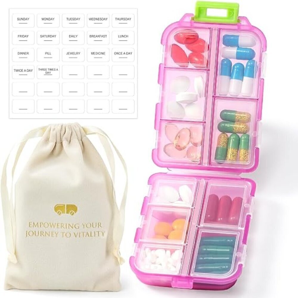 Travel Pill Organizer w Labels & 1 Drawstring Pouch (PINK) / BRAND NEW SEALED.